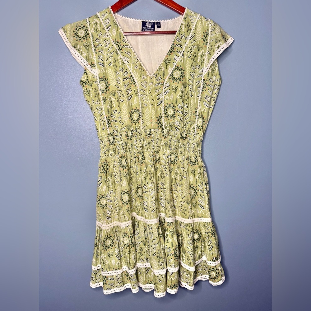 Madison Mathews Green Floral Cotton Boho Tiered Mini Dress | Size XS